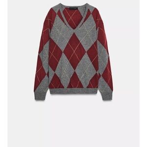 Zara V-Neck Gray and Red Argyle Sweater
